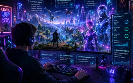 Futuristiskt AI-gamingrum med spelare och intelligenta digitala karaktärer.