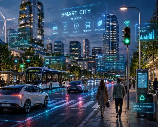 AI-driven smart stad med elbussar, smart trafikstyrning, förnybar energi och uppkopplad infrastruktur för hållbar stadsutveckling.