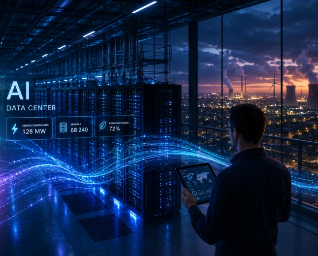 AI-datacenter med serverhall där energiförbrukning, servrar och förnybar energi övervakas för att optimera drift och hållbarhet.