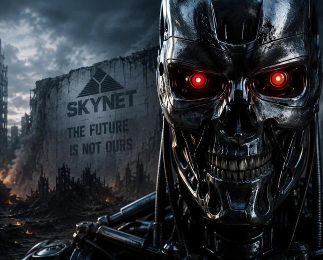 Illustration av Skynet, den fiktiva AI:n från Terminator, framför en dystopisk stad som symboliserar debatten om artificiell intelligens.
