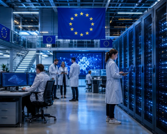 Forskare arbetar i ett europeiskt AI-datacenter med servrar och avancerad teknik under EU-flaggan.