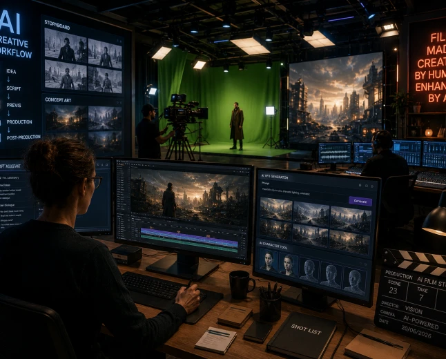 Futuristisk filmstudio där AI används för specialeffekter, digitala karaktärer och modern filmproduktion.