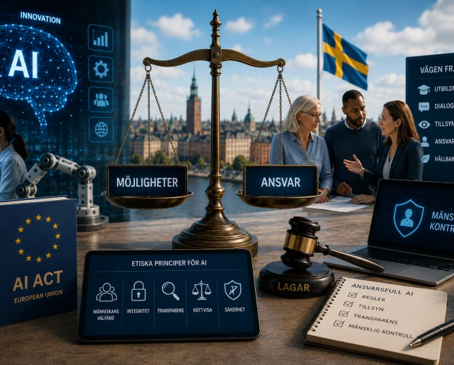 Illustration som visar balansen mellan AI-utveckling och mänsklig kontroll med juridik, säkerhet, AI Act och etiska regler i fokus.