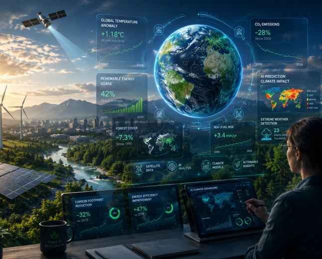 llustration av hur AI används för klimatanalys och hållbar utveckling med satellitdata, förnybar energi och globala miljöprognoser.