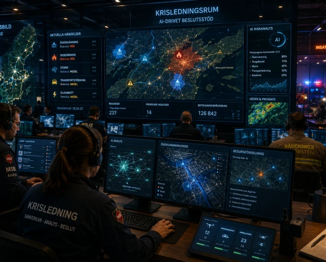 Modernt krisledningscenter där AI analyserar kartor, riskdata och samhällsinformation för att stödja krisberedskap och räddningsinsatser.