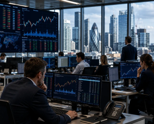 Finansanalytiker använder AI och dataanalys på en modern handelsavdelning för att följa marknader och börsutveckling.