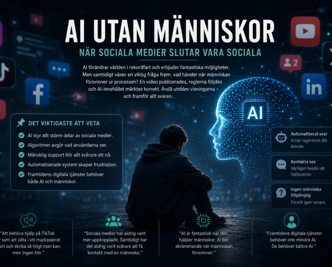 AI utan människor – futuristisk illustration om sociala medier, artificiell intelligens och bristen på mänsklig kontakt där algoritmer och automatiserade system ersätter mänsklig support.