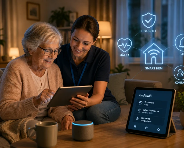 Äldre kvinna använder smart hem-teknik tillsammans med vårdpersonal i hemmet för ökad trygghet, hälsa och självständighet.