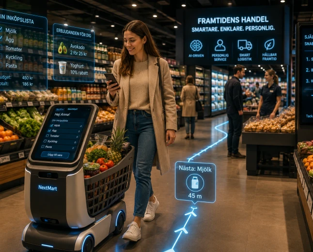 Illustration av framtidens livsmedelsbutik där AI, smarta kundvagnar och digitala inköpslistor hjälper kunden att handla snabbare och mer personligt.