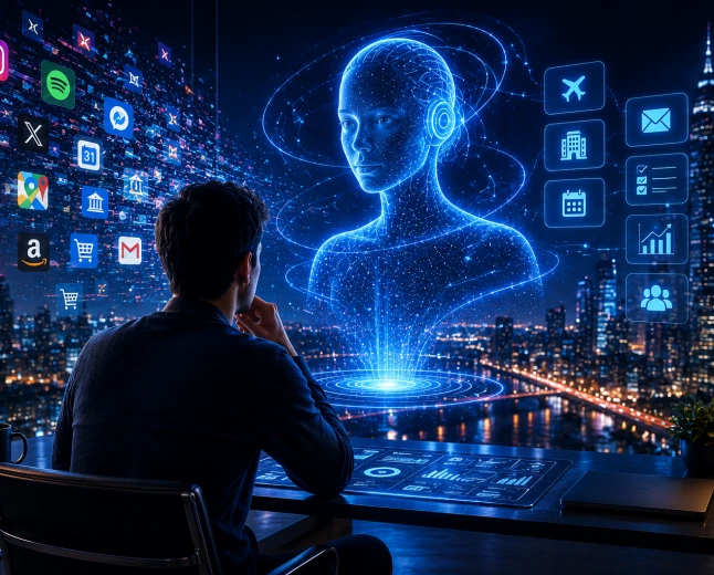 Person som interagerar med en AI-agent framför digitala appar och framtidens internet.