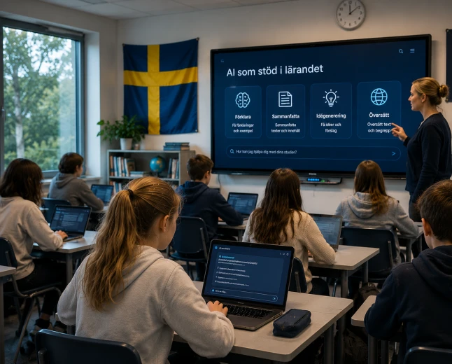Lärare och elever använder AI som stöd i undervisningen i ett modernt klassrum med digitala verktyg.