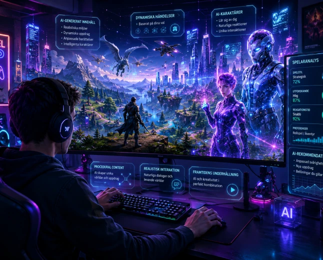 Futuristiskt AI-gamingrum med spelare och intelligenta digitala karaktärer.