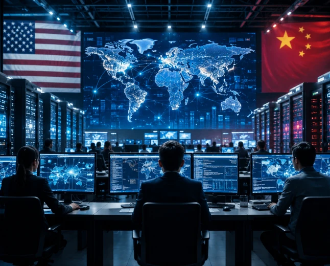 Global AI-konkurrens mellan USA och Kina illustrerad i ett modernt kontrollcenter med datacenter och digital övervakning.