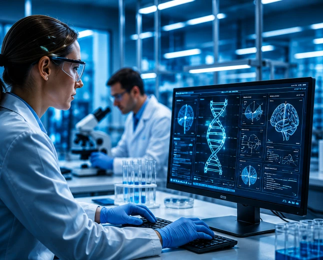 Forskare använder AI och dataanalys i laboratorium för medicinsk forskning och genetiska analyser.
