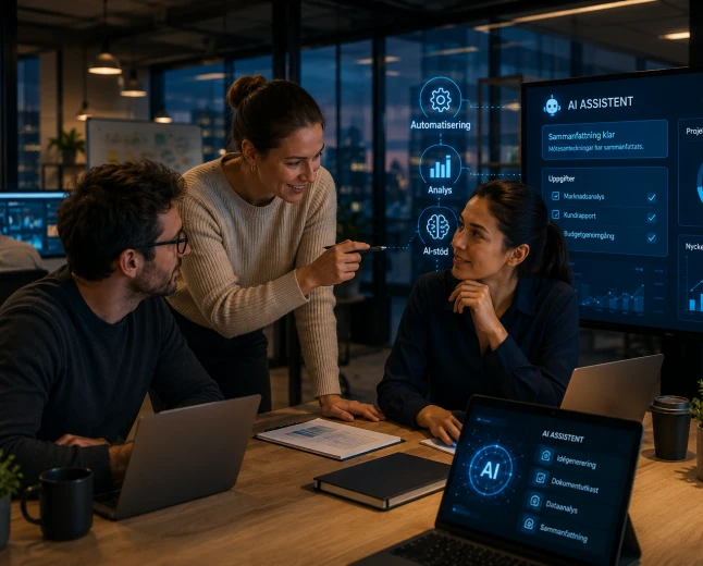 Team samarbetar på kontor med AI-assistent som hjälper till med analys, automatisering, dokumenthantering och projektuppföljning.