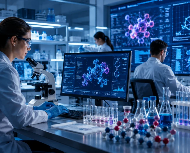 Forskare använder AI och dataanalys i ett högteknologiskt laboratorium för medicinsk forskning och läkemedelsutveckling.