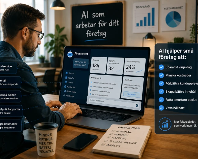 Person använder AI-assistent på dator för att automatisera kundservice, innehåll, administration och analys i ett småföretag.