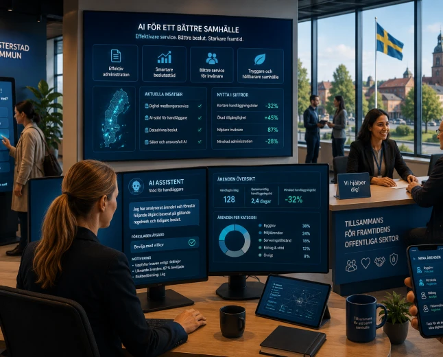 Ljus kommunmiljö där AI används inom offentlig sektor för att förbättra medborgarservice, handläggning och digitala tjänster.