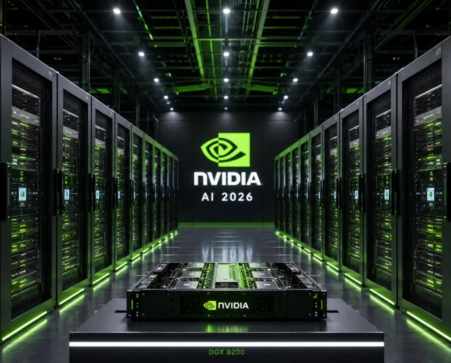 Futuristiskt Nvidia-datacenter med AI-servrar och avancerad AI-infrastruktur.