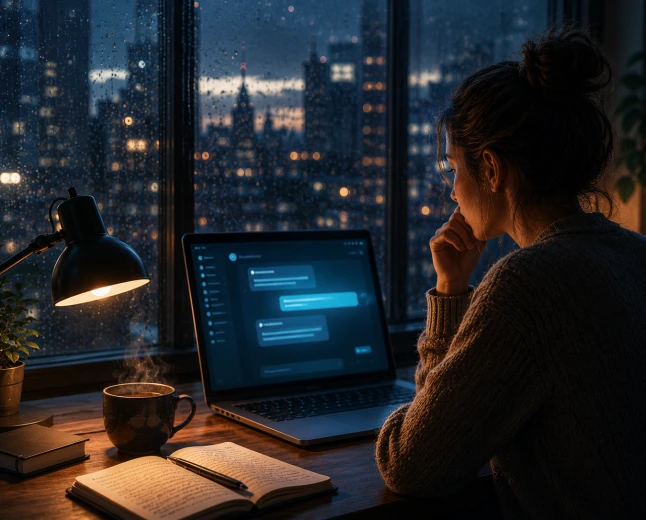 Person sitter vid en dator och samtalar med en AI-assistent en regnig kväll, symbol för hur artificiell intelligens blir en del av människors vardag.