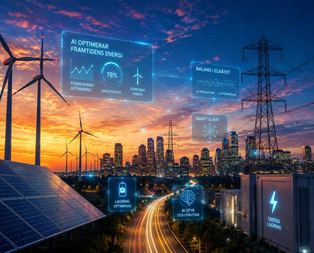 Illustration av hur AI optimerar framtidens energisystem genom smarta elnät, förnybar energi, energilagring och elnätsbalansering.