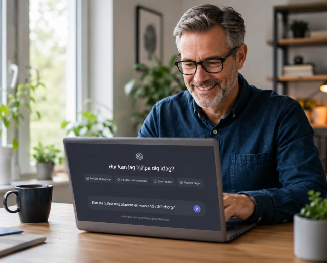 Person använder AI för första gången på en laptop hemma.
