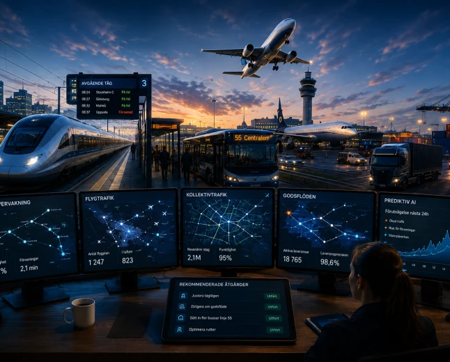 AI-styrt transportsystem med tåg, flyg, kollektivtrafik och godstransporter i en framtida smart stad