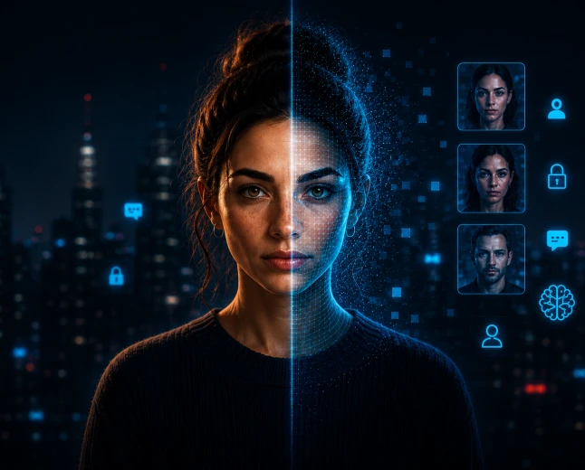 Illustration som visar en människa framför en skärm med AI-genererade ansikten, filter och digital identitet där gränsen mellan människa och artificiell intelligens suddas ut.