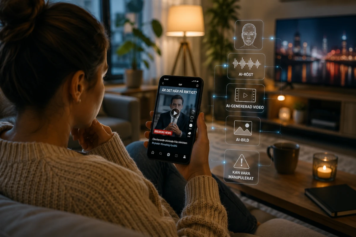 Person i vardagsrum tittar på ett realistiskt AI-genererat videoklipp i sociala medier.