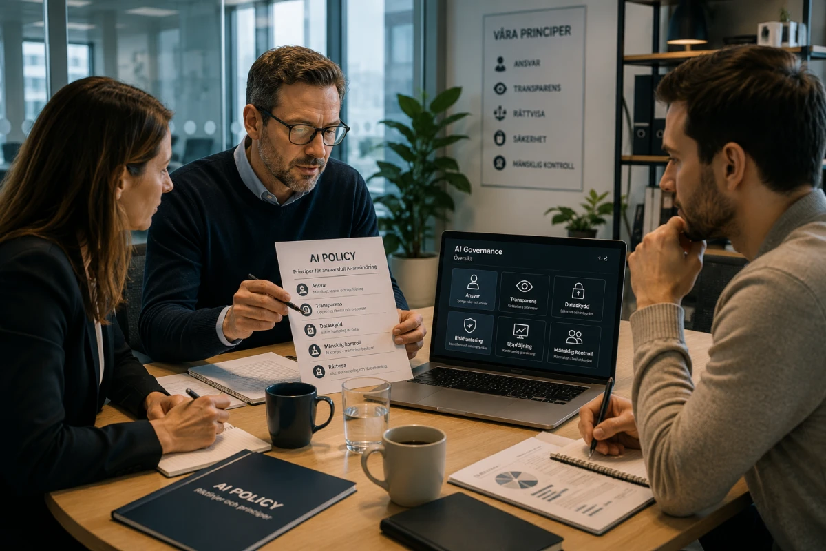 Kollegor granskar AI-policy och styrning på ett kontor, med fokus på ansvar, transparens och mänsklig kontroll.