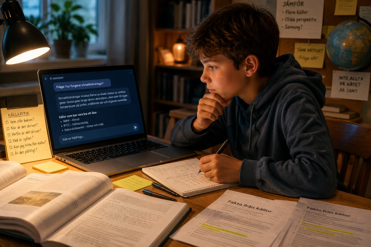 Barn jämför ett AI-svar på en laptop med böcker och anteckningar för att träna källkritik.