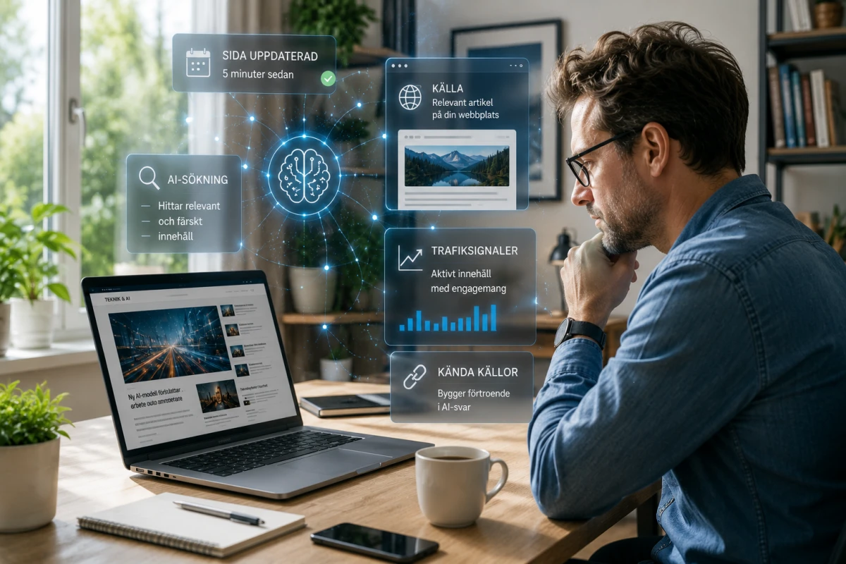 Person i ett mindre techkontor granskar färskt webbinnehåll medan AI-sökning och källsignaler visualiseras runt skärmen.