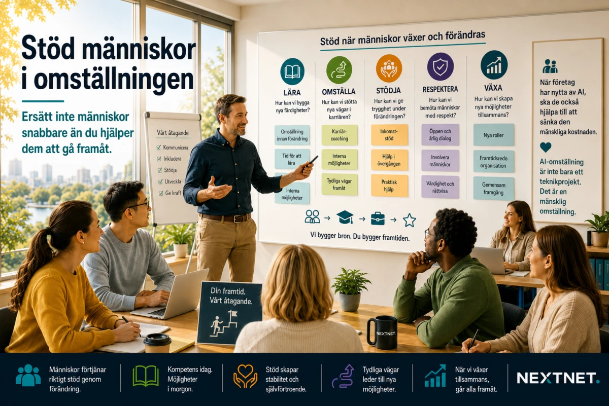 Människor får stöd genom AI-omställning med fokus på utbildning, trygghet och nya möjligheter.