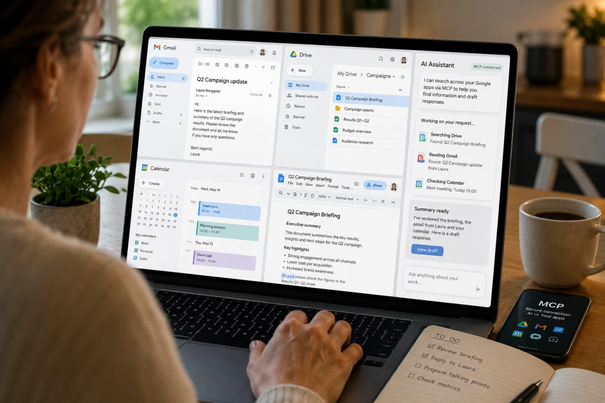 Person använder Gmail, Google Drive, Docs och Calendar i ett AI-arbetsflöde kopplat genom MCP.