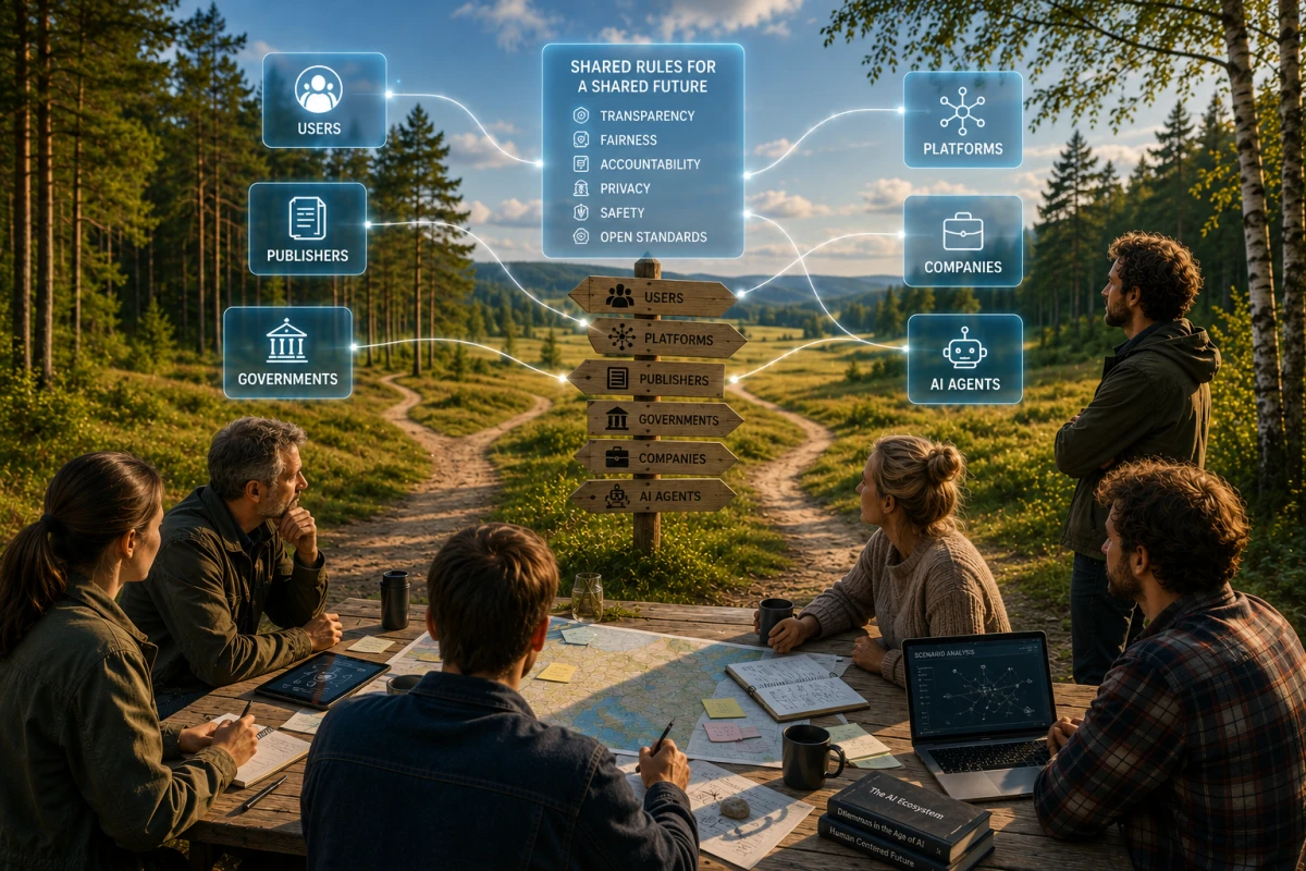 Människor vid ett skogsbryn där flera vägar möts, som symbol för att AI-system behöver gemensamma spelregler.