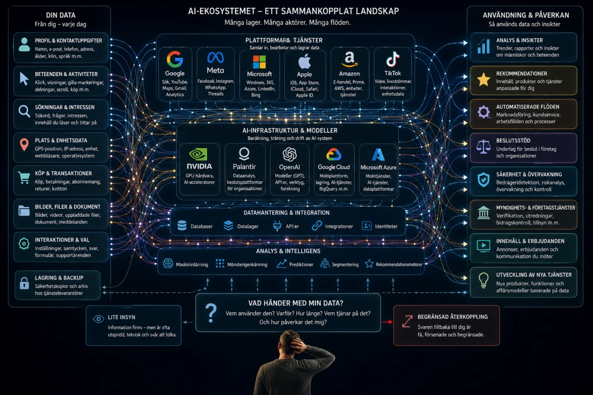 Förenklad illustration av data, AI-system och teknikföretag som kopplas samman i ett komplext digitalt ekosystem.