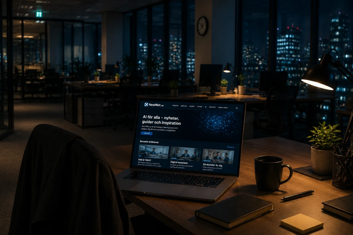 Tomt kontor på kvällen med en laptop som visar NextNet.se, vilket symboliserar AI som alltid är tillgänglig i arbetslivet.