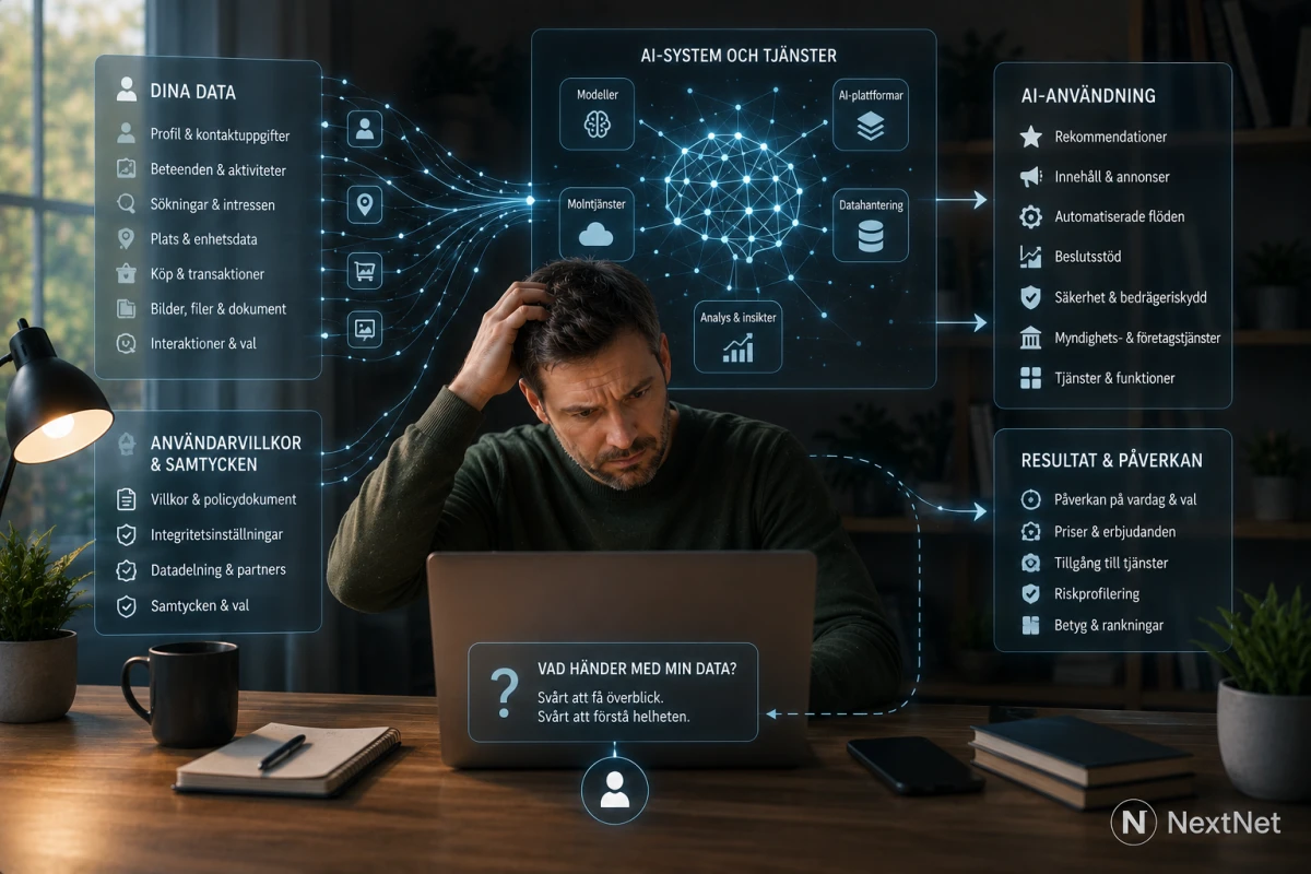 Person framför en laptop försöker förstå hur AI-system använder data och digitala villkor.