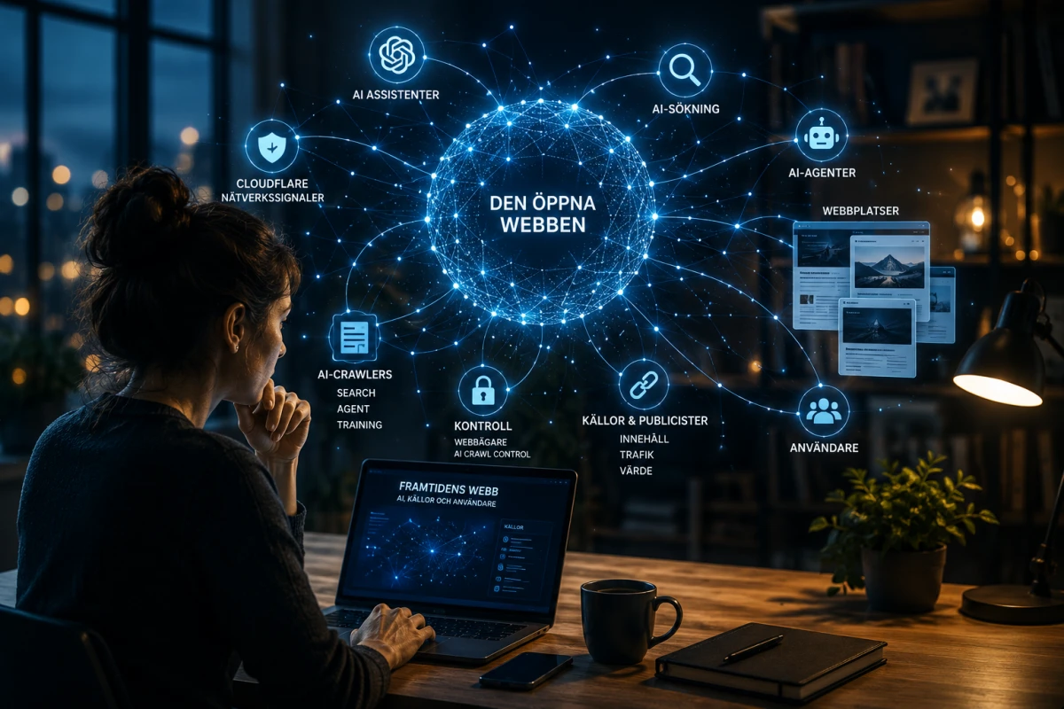 Person vid laptop med en visualisering av hur AI-sökning, webbplatser, crawlers och källor kopplas samman på den öppna webben.