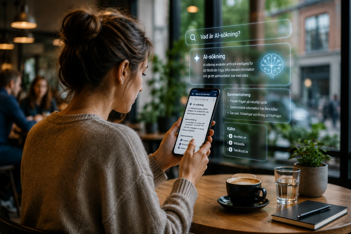 Person på café använder mobilen för att söka information med hjälp av AI.
