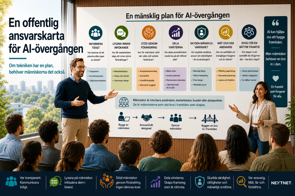 Illustration av en mänsklig roadmap för AI-övergången med fokus på ansvar, transparens och människors roll i framtiden.