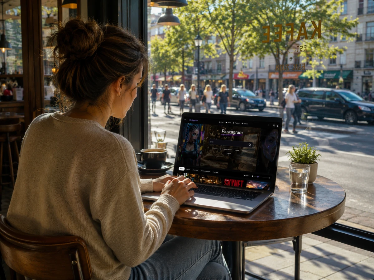 Person på café använder Picstagram på en laptop vid ett soligt fönsterbord.
