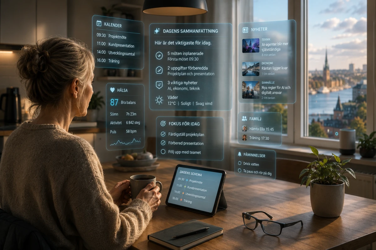 Person vid köksbord år 2035 med AI-sammanfattningar för kalender, nyheter, hälsa och arbete som en naturlig del av vardagen.