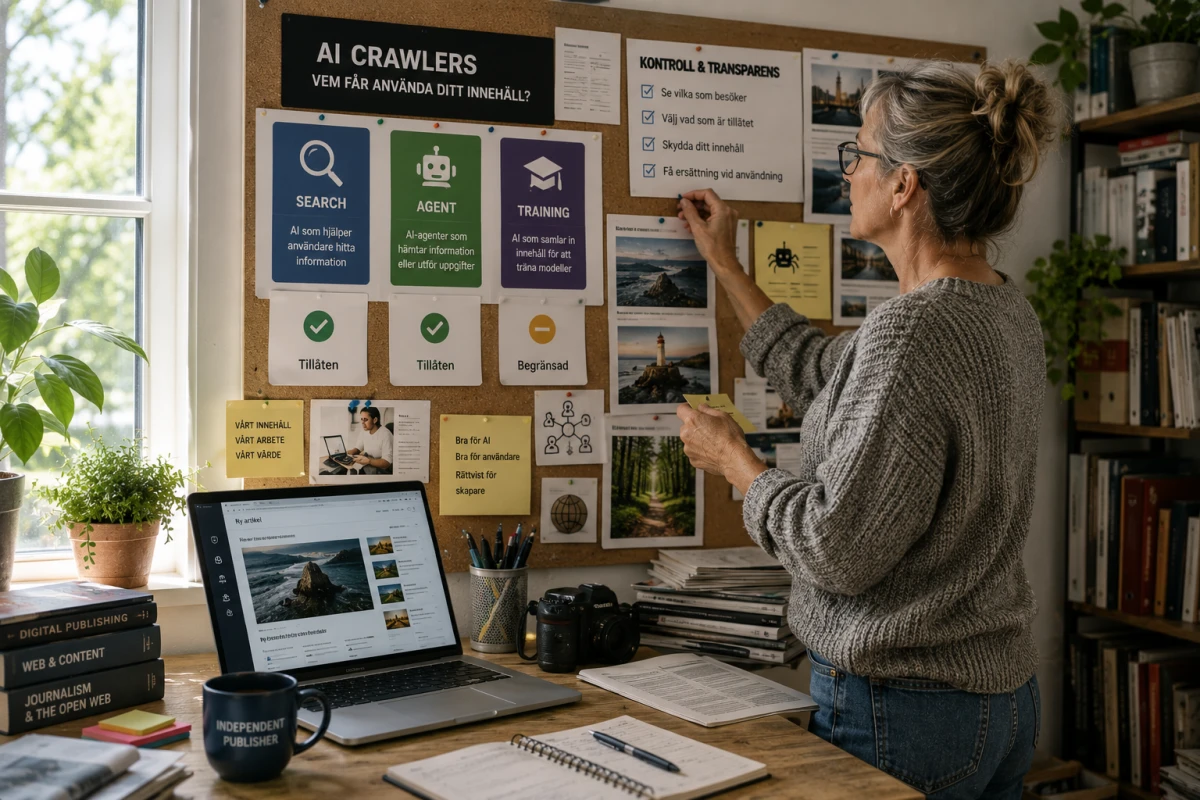 Webbpublicist i ett mindre redaktionsrum organiserar hur AI-crawlers får använda innehåll från hennes webbplats.