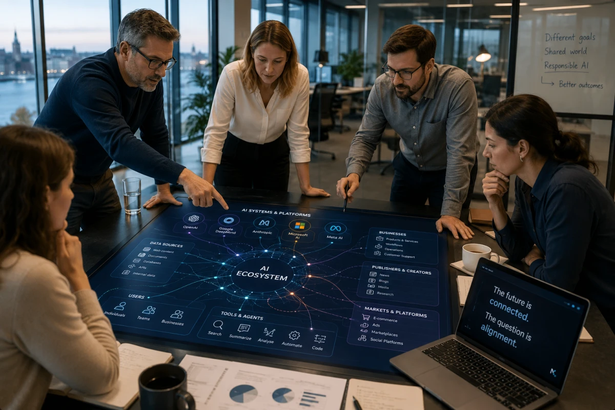 Flera personer analyserar en digital karta över olika AI-system, datakällor och aktörer.