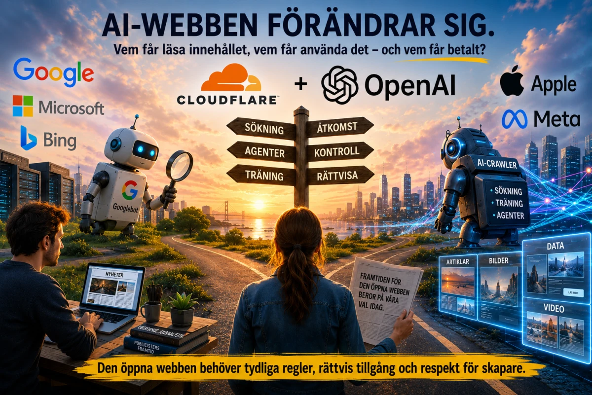 Illustration av hur AI-webben förändras med Google, Cloudflare, OpenAI, Microsoft, Bing, Apple och Meta runt frågor om sökning, agenter, träning, kontroll och rättvisa.