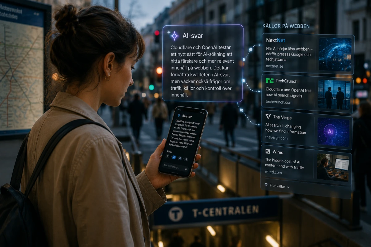 Person läser ett AI-svar på mobilen medan källor och webbplatser syns diskret i bakgrunden.