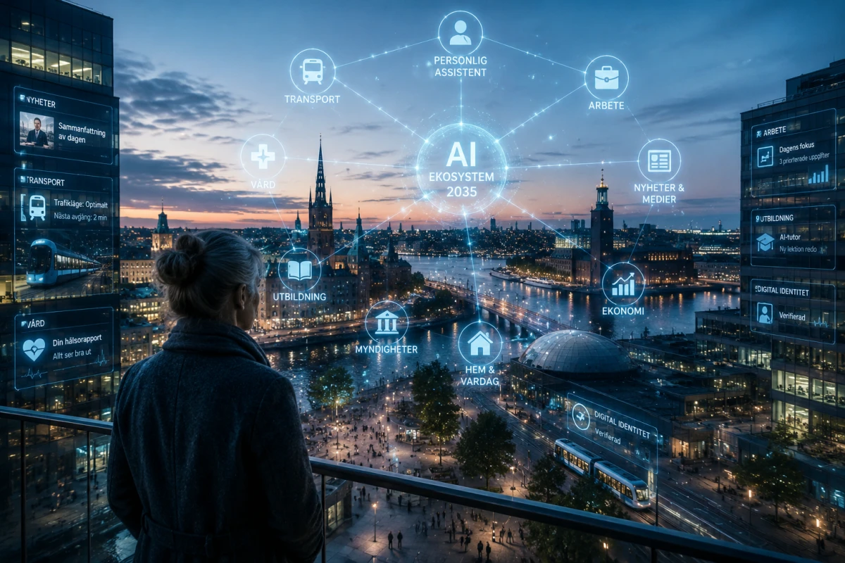 Person i en framtida svensk stad år 2035 där flera AI-system är integrerade i vardag, arbete, samhälle och digital infrastruktur.