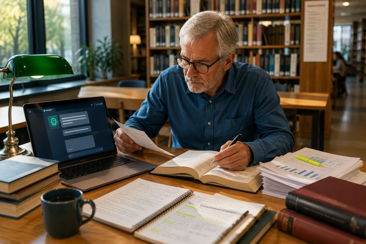 Äldre man på bibliotek jämför ett AI-svar med böcker och anteckningar.