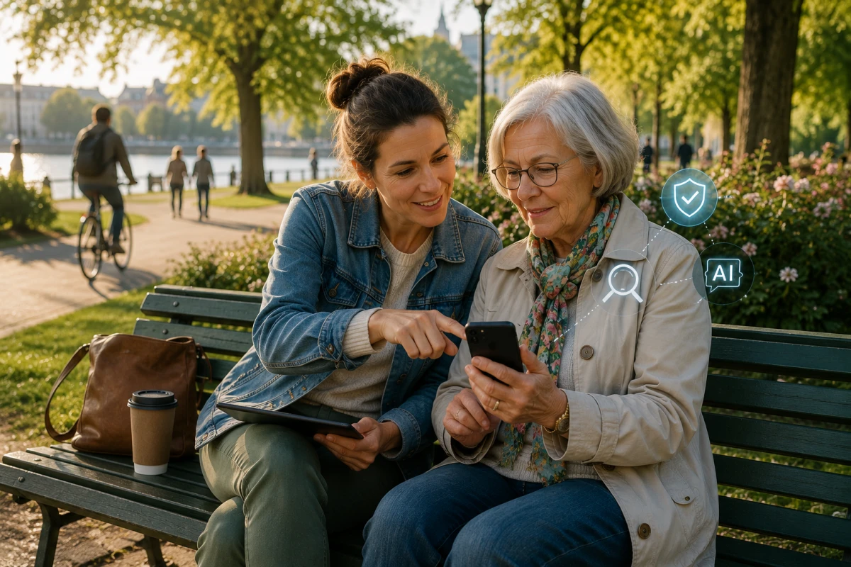 Två personer på en parkbänk granskar digitalt innehåll på mobil och surfplatta.
